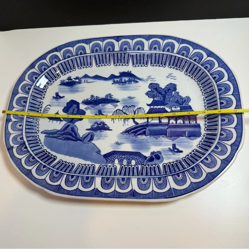 Blue Willow Style Porcelain Serving Platter – Large 20” Oval Transferware